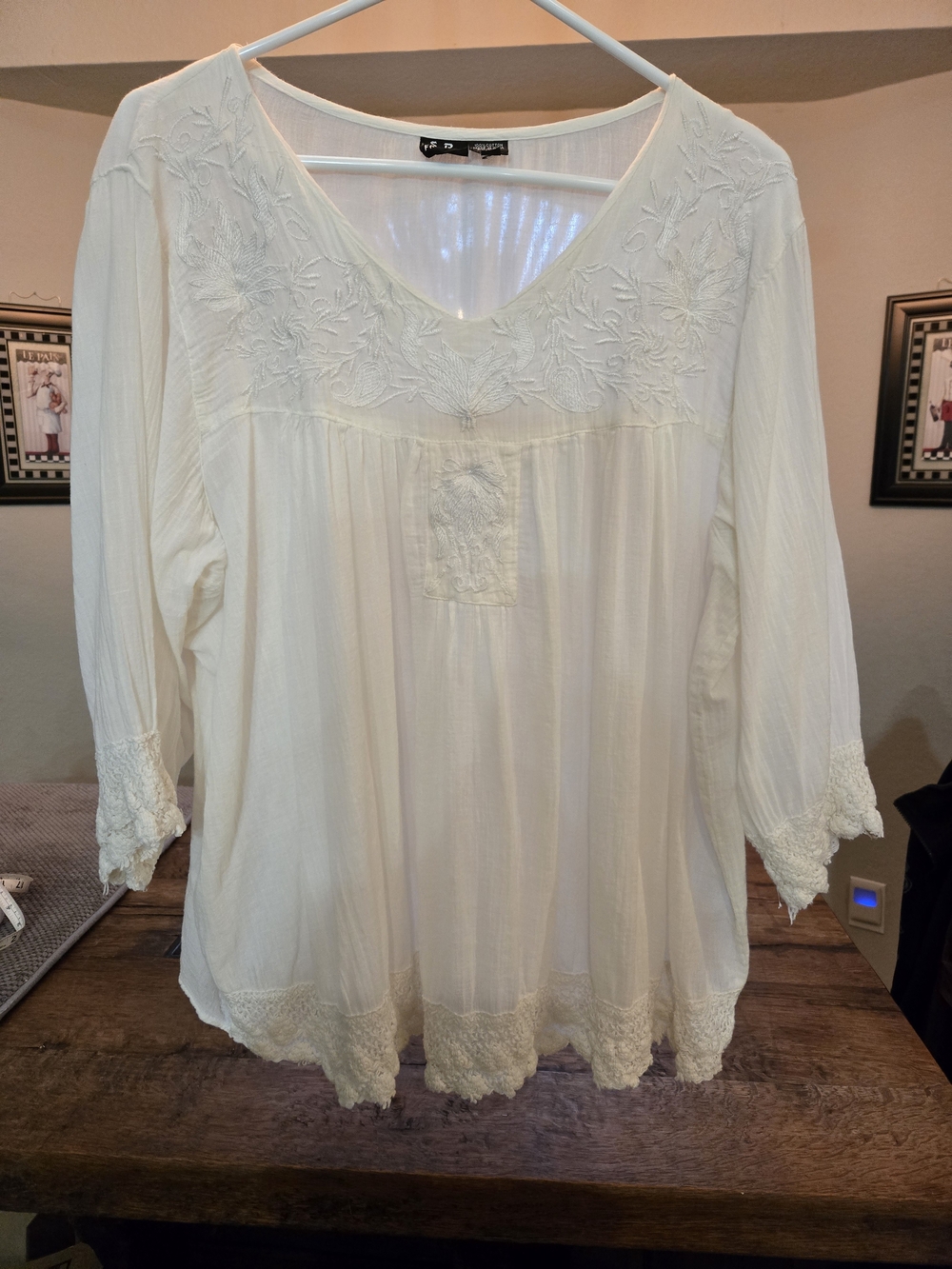 Boho Embroidered V-Neck Peasant Top — White